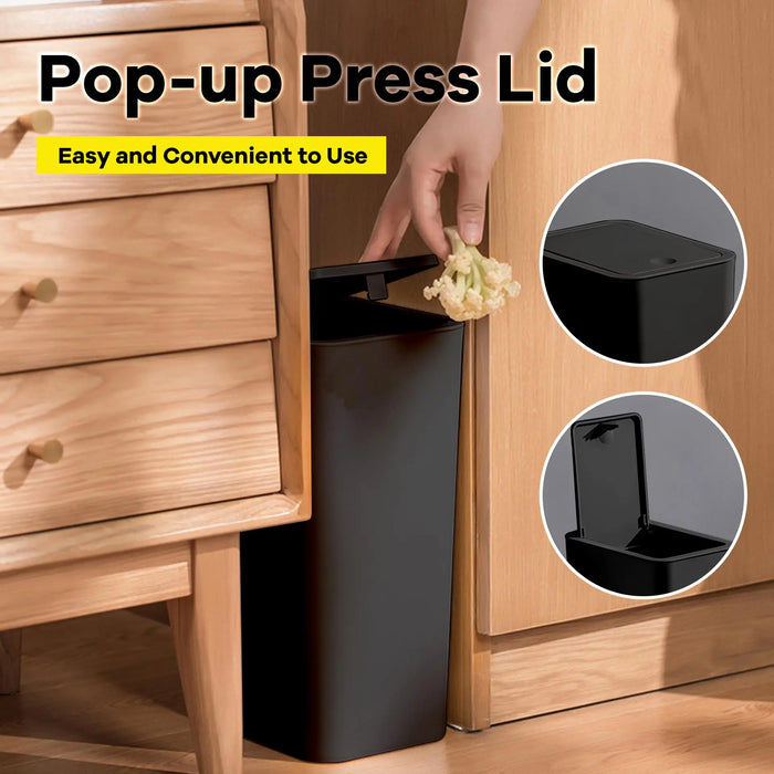 10L Slim Bathroom Bin with Press-Top Lid - Compact Plastic Wastebasket for Toilet, Bedroom & Living Room