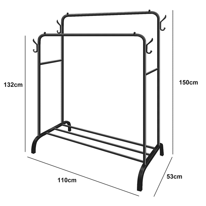 Double Rail Standing Clothes Rack with Mesh & Bottom Shelves — White or Black