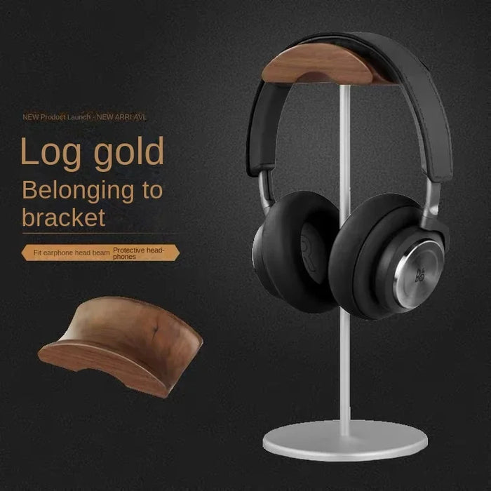 Black Walnut Wood and Aluminium Headphone Stand — Solid Metal Base Desk Headset Holder