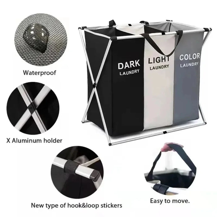 Foldable Laundry Basket with Aluminium Frame & 600D Oxford Fabric — 3‑Grid Large Capacity