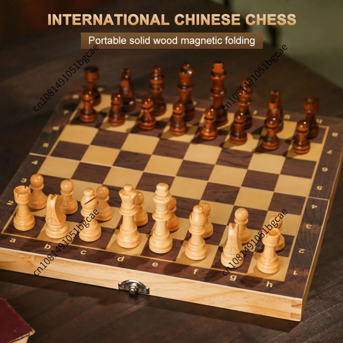 Foldable 3-in-1 Wooden Chess Set — Chess, Checkers & Backgammon, 29×29cm Travel Board
