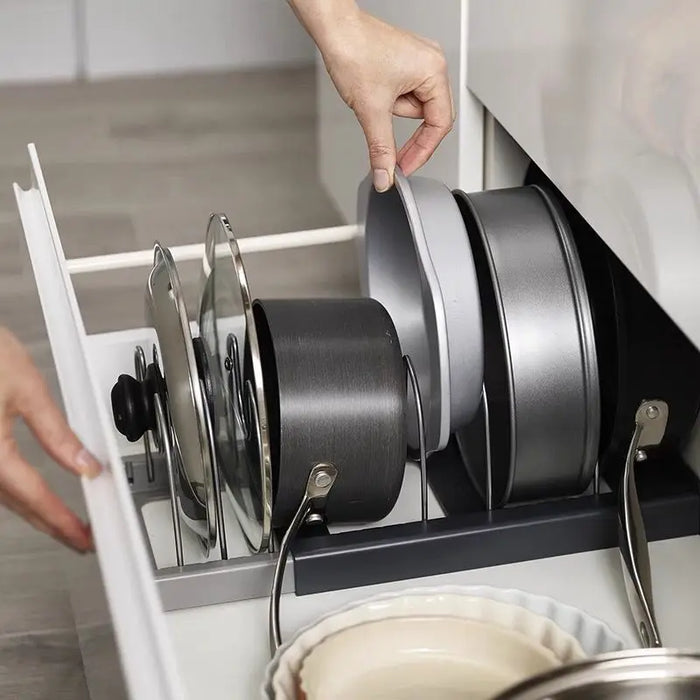 Expandable Stainless-Steel Pot & Pan Rack with 7 Dividers – Pull-Out Cabinet & Countertop Organiser