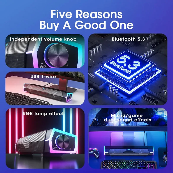 4D Bluetooth 5.0 Computer Soundbar — USB-Powered Stereo with RGB Lights