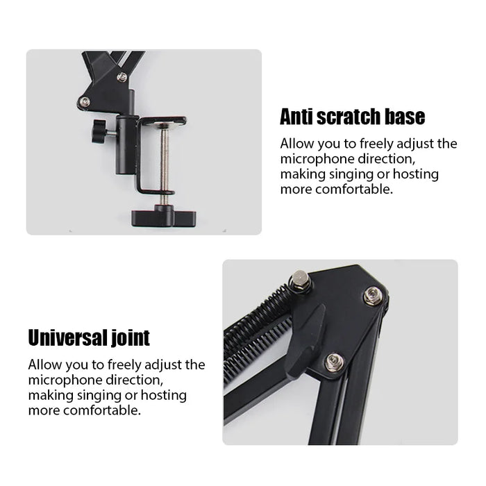 Adjustable Scissor Arm Microphone Stand — Desktop Clip, Tripod & Extendable Bracket