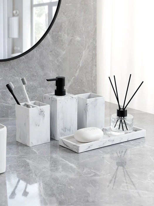 4-Piece Marble-Pattern Resin Bathroom Set — Lotion/Soap Dispenser, Toothbrush Holder, Tumbler & Tray (Black or White)