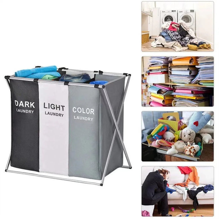 Foldable Laundry Basket with Aluminium Frame & 600D Oxford Fabric — 3‑Grid Large Capacity