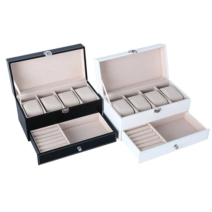 4‑Position Double‑Layer PU Leather Jewellery & Watch Storage Box