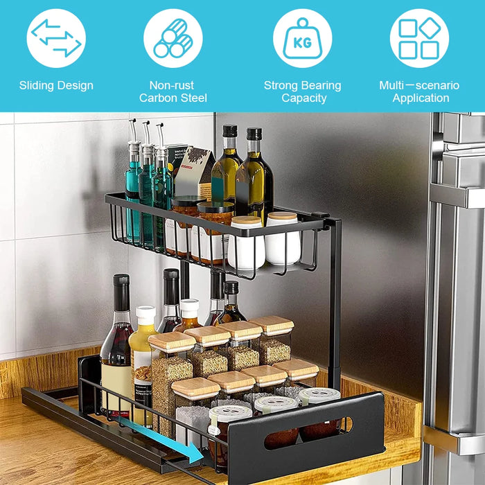 2-Tier Pull-Out Under-Sink Storage Rack – Sliding Cupboard Organiser