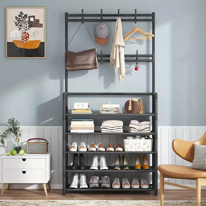 5-Tier Metal Shoe Rack with 8 Hooks — Coat, Hat & Bag Organiser