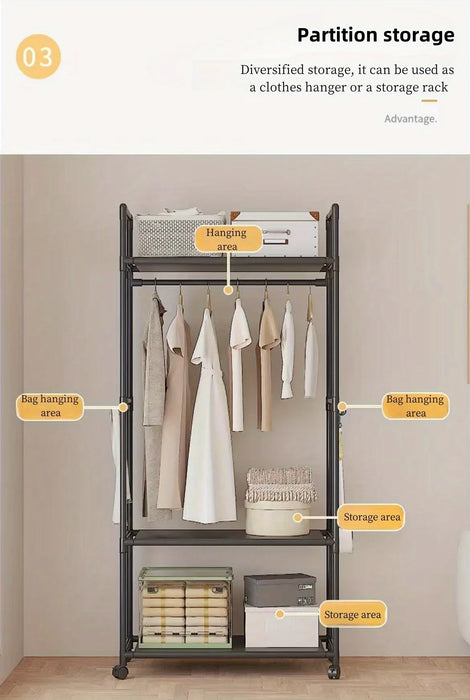 Clothing Storage Rack with Wheels, Hooks & Shelves — Freestanding Metal Organiser
