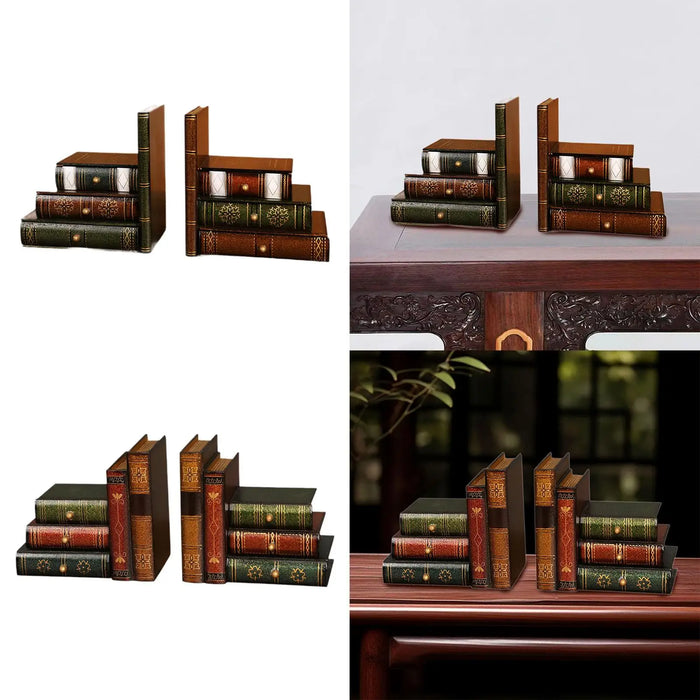 European-Style Faux Book Bookends with Drawers — Wooden Pair