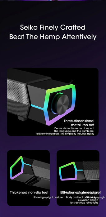 4D Bluetooth 5.0 Computer Soundbar — USB-Powered Stereo with RGB Lights