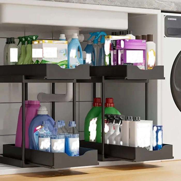 Double-Layer Pull-Out Storage Rack with 5 Hooks — PP Drawer Organiser for Kitchen & Bathroom