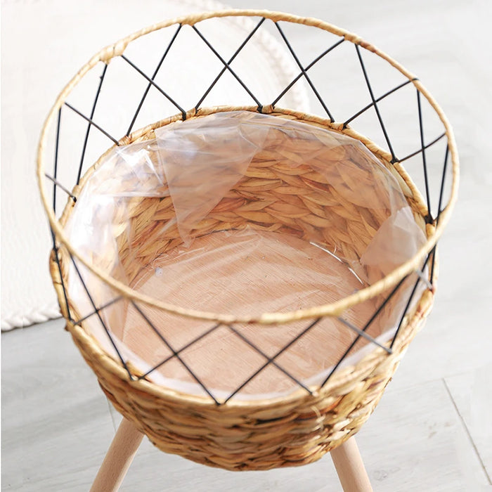 Floor‑standing Rattan Plant Stand with Wooden Legs — Indoor Pothos Holder