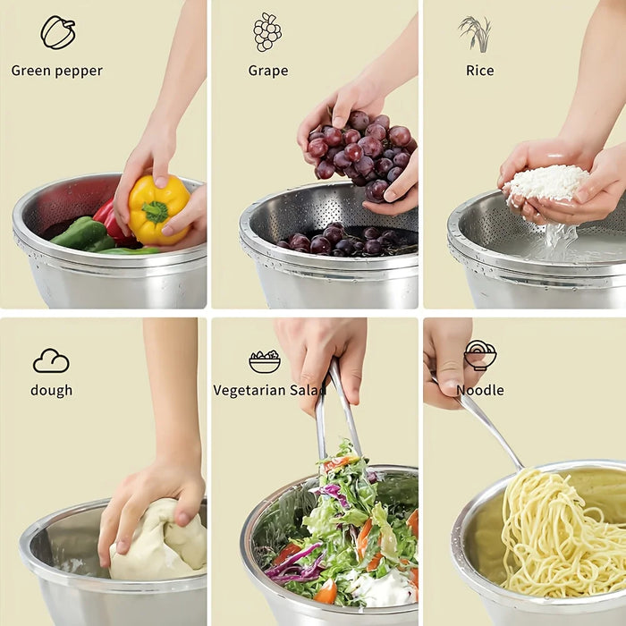 2-Piece Stainless Steel Colander & Mixing Bowl Set — Rice Washer and Strainer