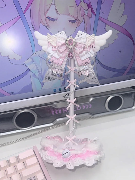 Pink Lace Angel Wings Headphone Stand — Kawaii Gaming Headset Holder