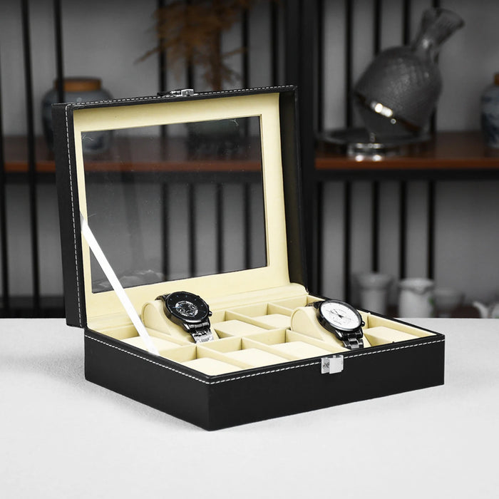 PU Leather Watch Display Box — 10 or 12-Slot Glass-Top Case