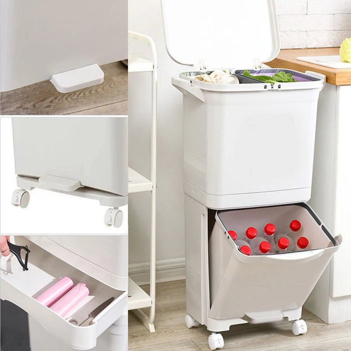 38 L Two-Tier Waste Bin with 4 Casters, White — 42 x 28.2 x 73 cm