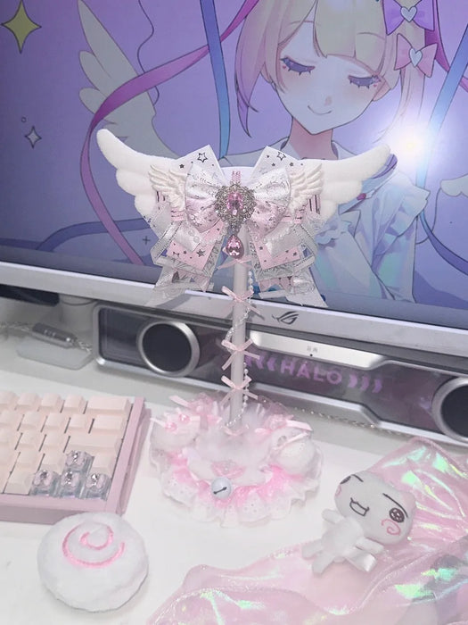Pink Lace Angel Wings Headphone Stand — Kawaii Gaming Headset Holder