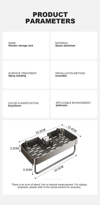 Punch-Free Shower Caddy (Single or Double) — Space Aluminium Shelf with Optional Towel Rail