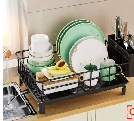 Rustproof 1-Tier Dish Drying Rack with Utensil Holder & Drain Board — Countertop Organiser (Black)