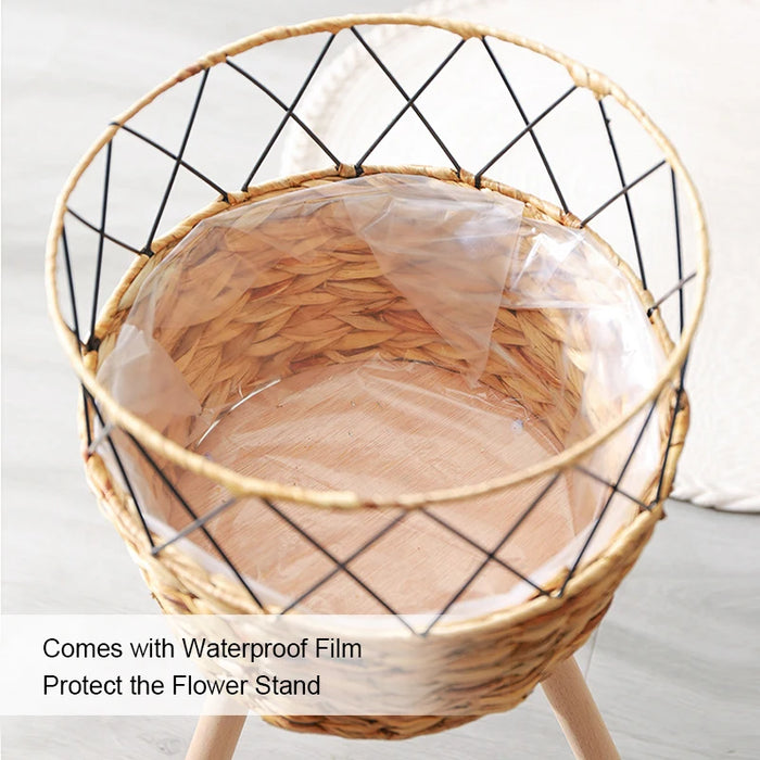 Floor‑standing Rattan Plant Stand with Wooden Legs — Indoor Pothos Holder