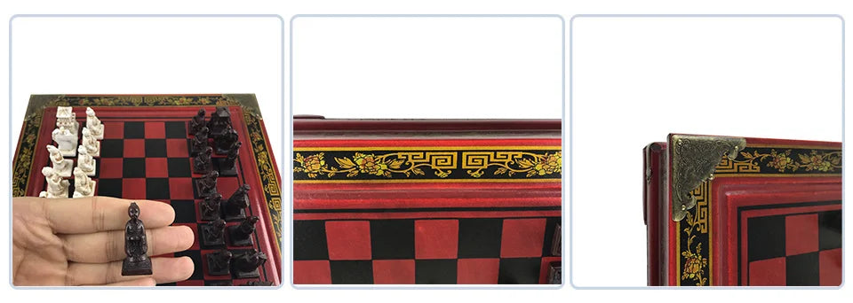 Retro Terracotta Warriors Chess Set — 26 cm Wooden Board with Resin Chessmen