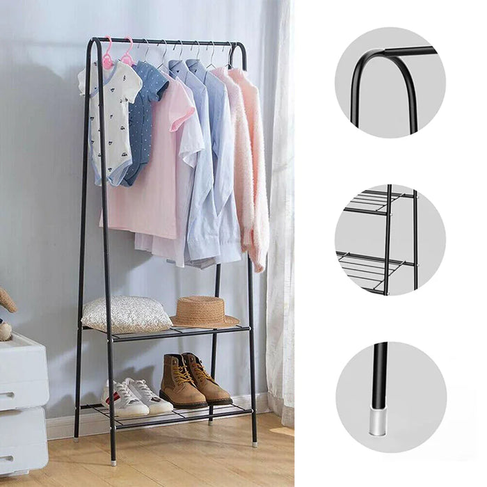 Double Rail Standing Clothes Rack with Mesh & Bottom Shelves — White or Black