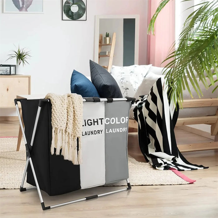 Foldable Laundry Basket with Aluminium Frame & 600D Oxford Fabric — 3‑Grid Large Capacity