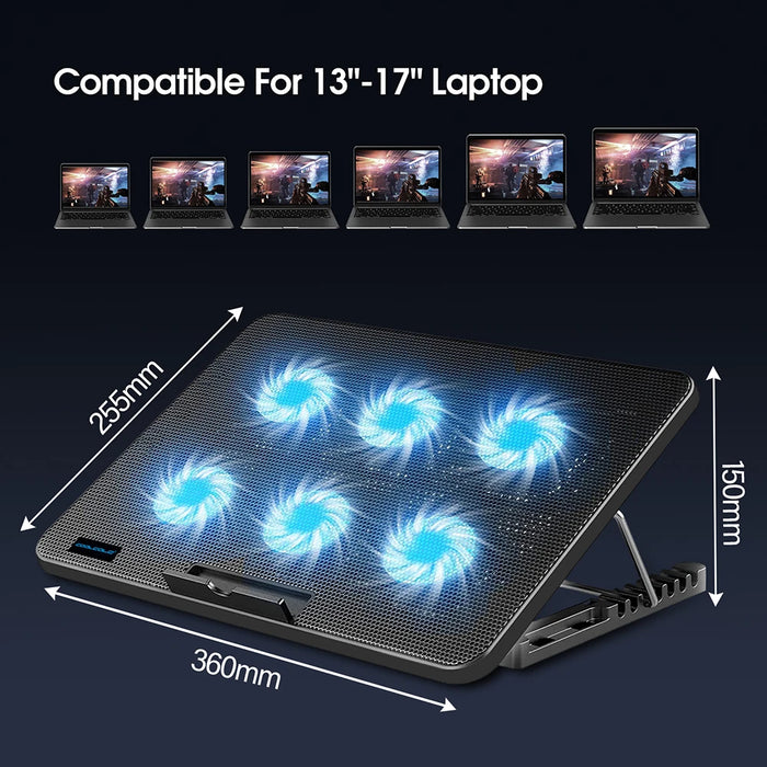 Laptop Cooling Pad for 12–17.3-inch Laptops — 6 Quiet Fans, 7-Stage Height & Phone Holder