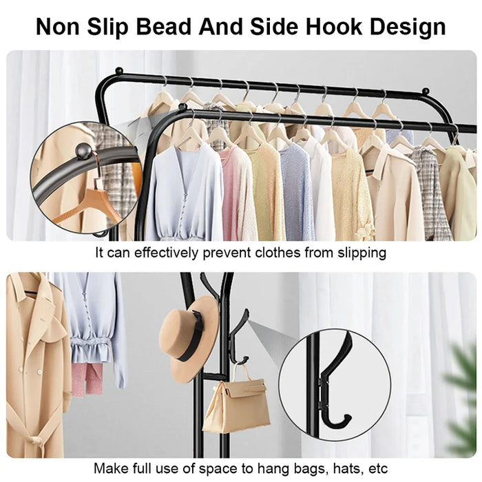 Double Rail Standing Clothes Rack with Mesh & Bottom Shelves — White or Black