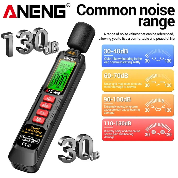 GN102 Sound Level Meter 30–130 dB — Portable Digital Decibel Meter