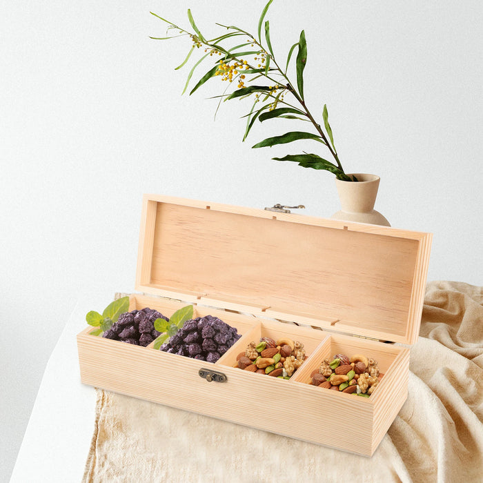 Four-Compartment Unfinished High-Grade Wood Tea & Keepsake Box