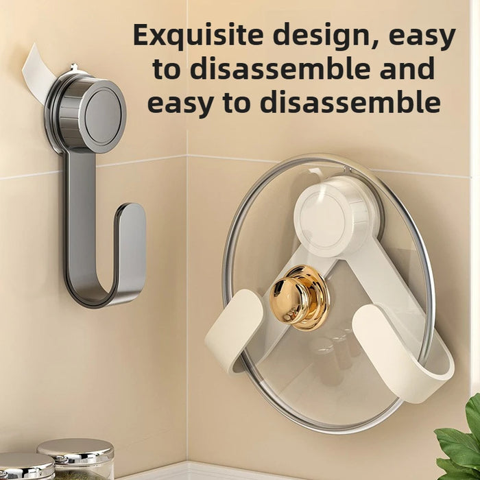 Drill‑Free Suction Cup Rotating Kitchen Rack — Wall‑Mounted Pot Lid & Chopping Board Holder with Hooks