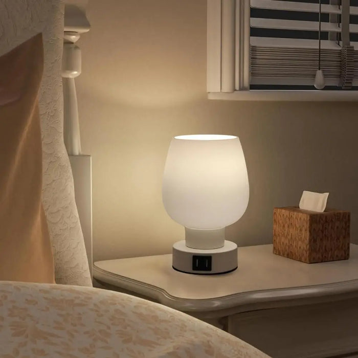Modern Touch Control LED Desk Lamp - Dimmable, Flicker Free, White Glass Shade Night Light - Perfect for Easy Bedside Illumination