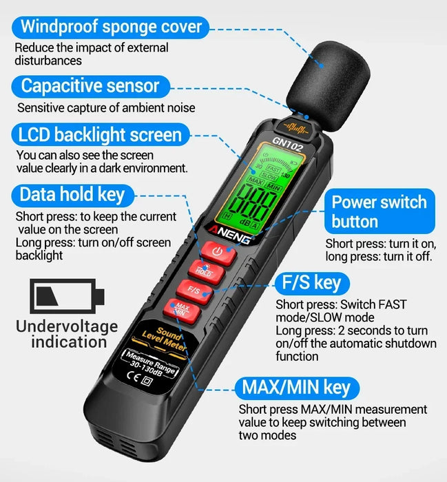 GN102 Sound Level Meter 30–130 dB — Portable Digital Decibel Meter