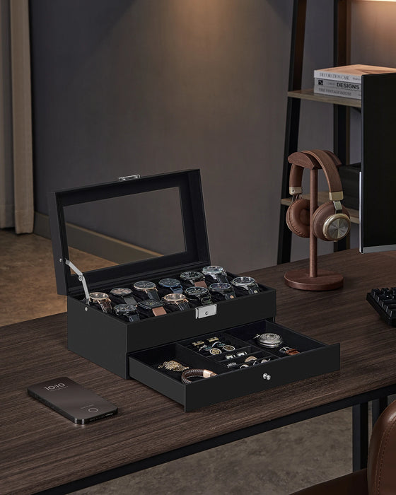 2-Tier Watch Box with Glass Lid — Holds 12 Watches, Lockable Drawer