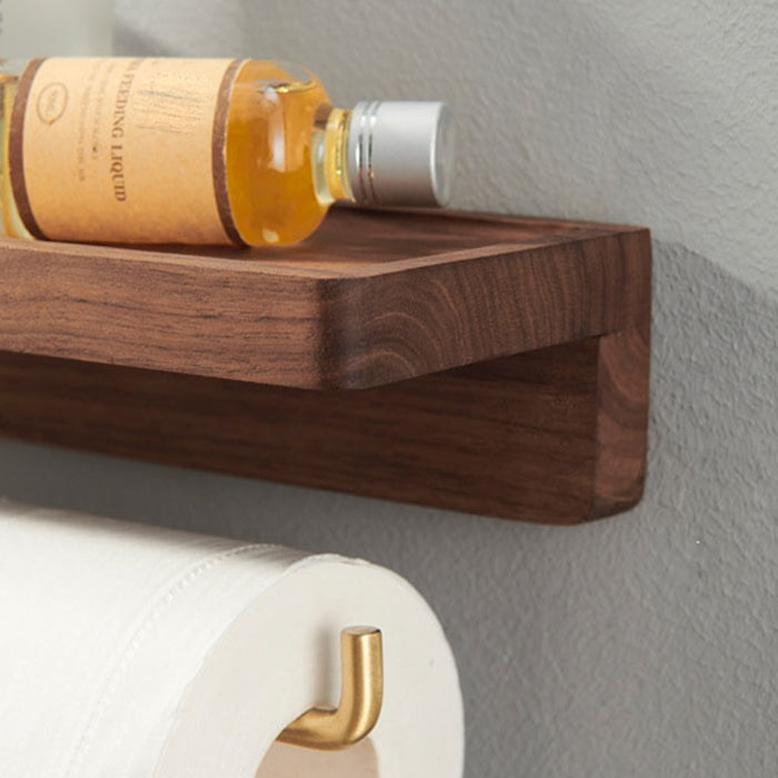 Wall-Mounted Toilet Roll Holder with Wood Shelf and Brass Fittings – Single Roll