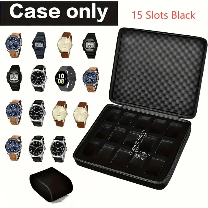 15-Slot Velvet Watch & Jewellery Storage Box, Portable Black (Size L)