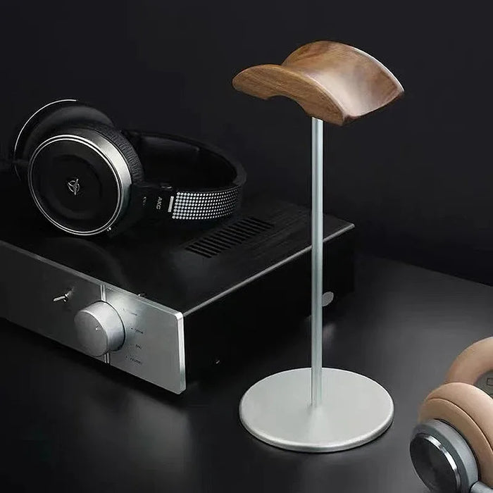 Black Walnut Wood and Aluminium Headphone Stand — Solid Metal Base Desk Headset Holder
