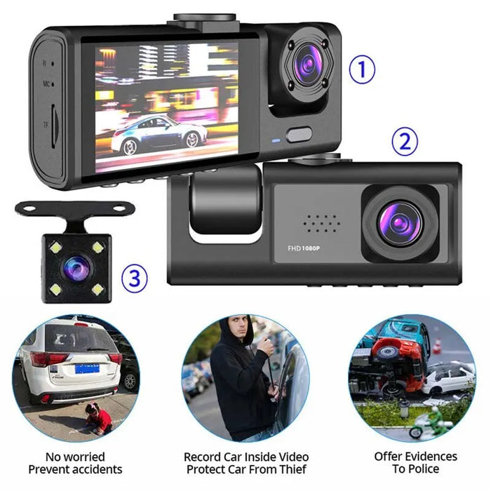 Dash Cam — 2 or 3 Camera 1080P DVR with IR Night Vision, Loop Recording & 2" IPS Screen