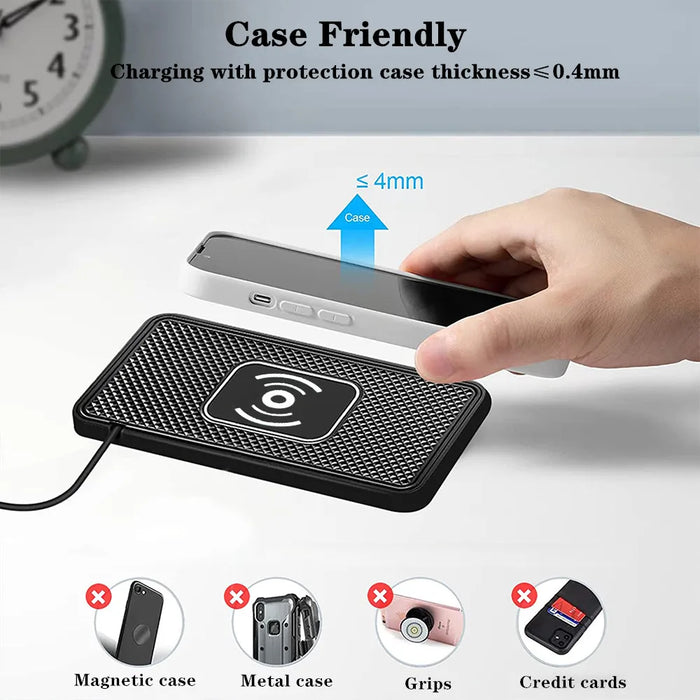 Wireless Car Charging Pad for iPhone 16/15/15 Pro Max, 14–X & Samsung S24/S23 — Silicone Pad, 15W Fast Charge
