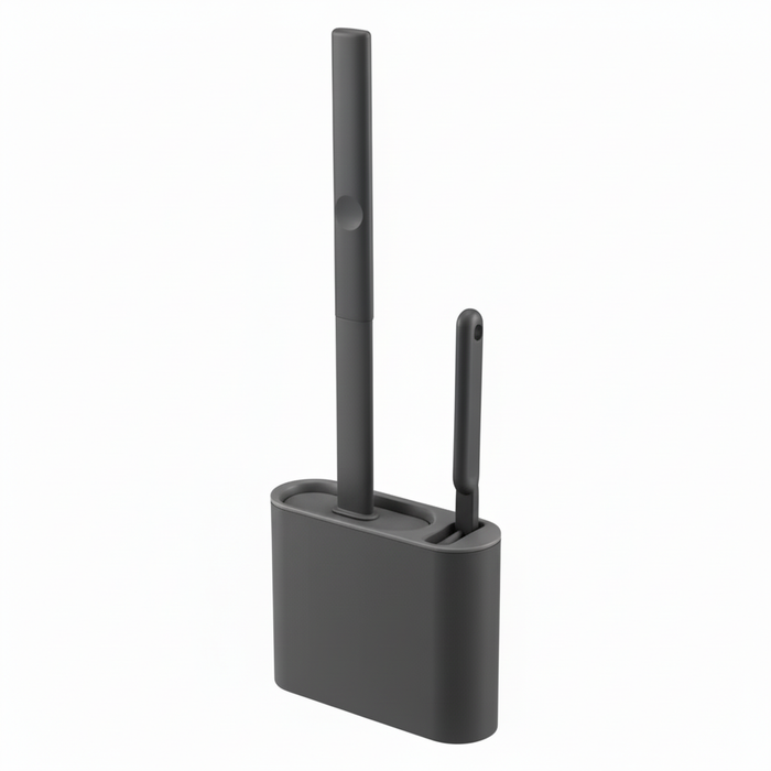 Silicone Toilet Brush with Flat Flexible Head and Wall-Mounted Holder — Dark Grey