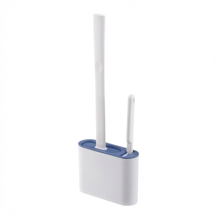 Wall-hanging Toilet Brush & Holder — Long Handle, Silicone Bristles (Grey or Blue)