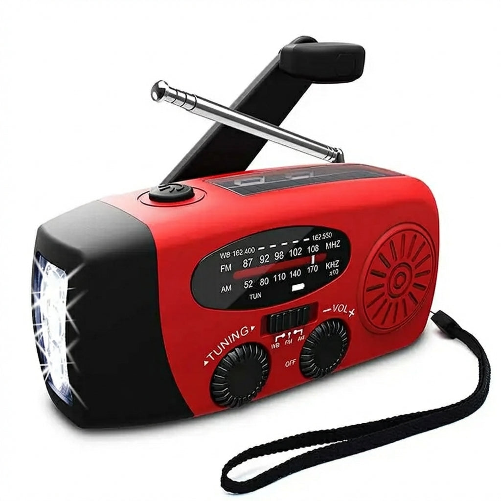 Solar Hand-Crank Emergency Radio with LED Torch — 2000mAh, USB Charging