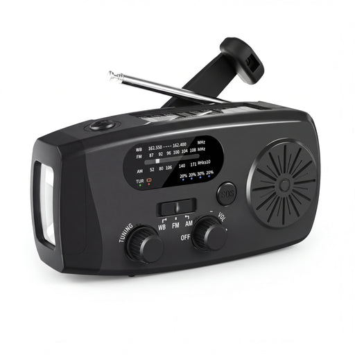 2000mAh Emergency Radio with 3-LED Torch, Solar & Hand-Crank Charging (FM/AM/WB)