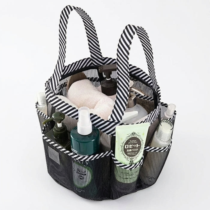 Mesh Shower Caddy Tote – Portable Bathroom & College Organiser, 8-pocket, Oxford Handles, Black