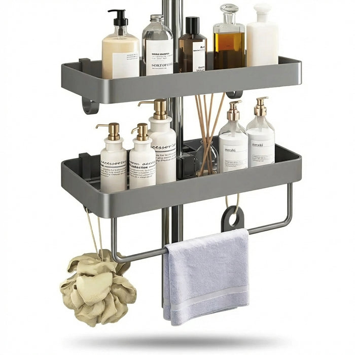 No‑drill aluminium shower caddy with towel rod option — single or double
