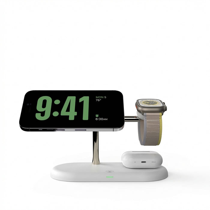 3-in-1 Magnetic Wireless Charger Stand for iPhone 12–17, Apple Watch Series 4–10 & AirPods (Qi)