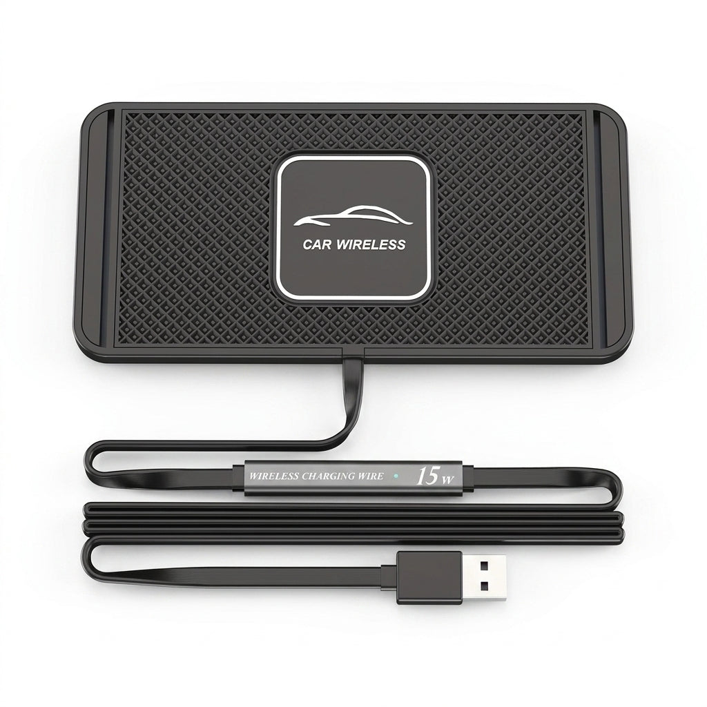 15W Qi Wireless Car Charger Pad with USB — QC3.0 Input, Compatible with iPhone 11–16 & Qi Devices